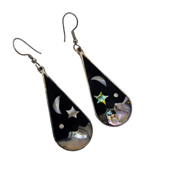 Vintage Mexican alpaca silver abalone inlaid scenic earrings - Picture 1 of 4